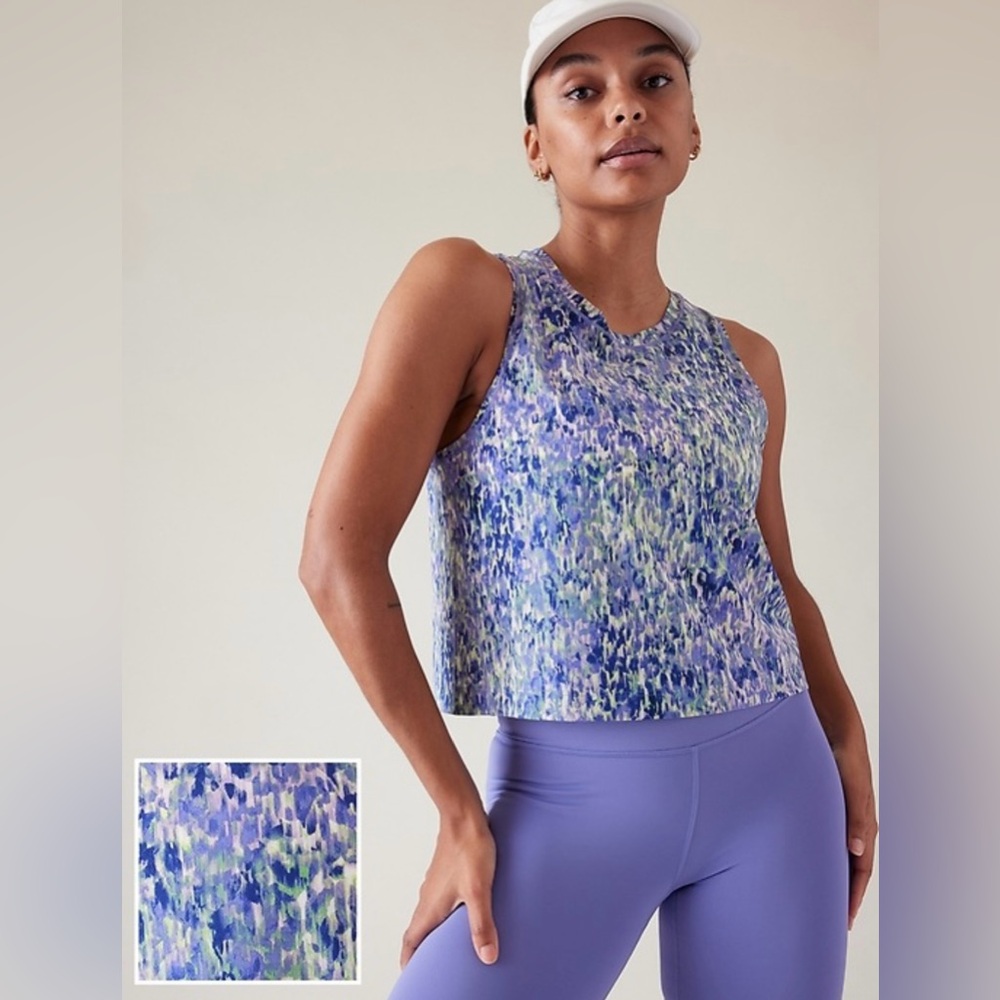 Athleta Ultimate Cropped Muscle Tank Top Blue, Purple & Green Pattern Size XL